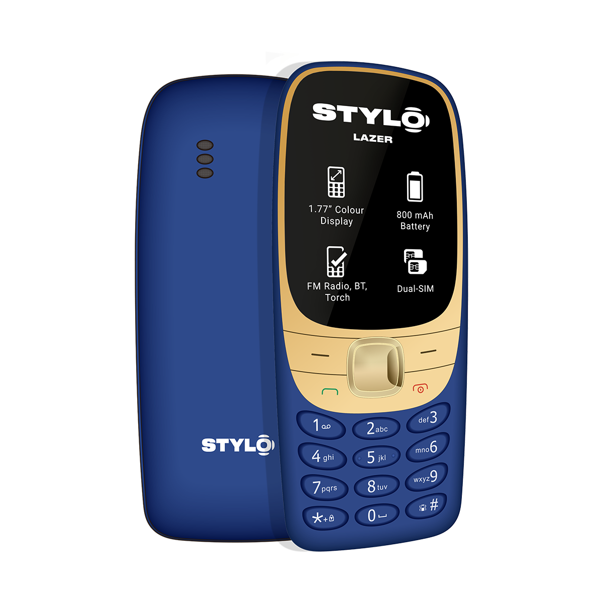 Blue and beige Stylo Lazer phone on a white background