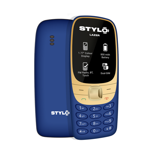 Blue and beige Stylo Lazer phone on a white background